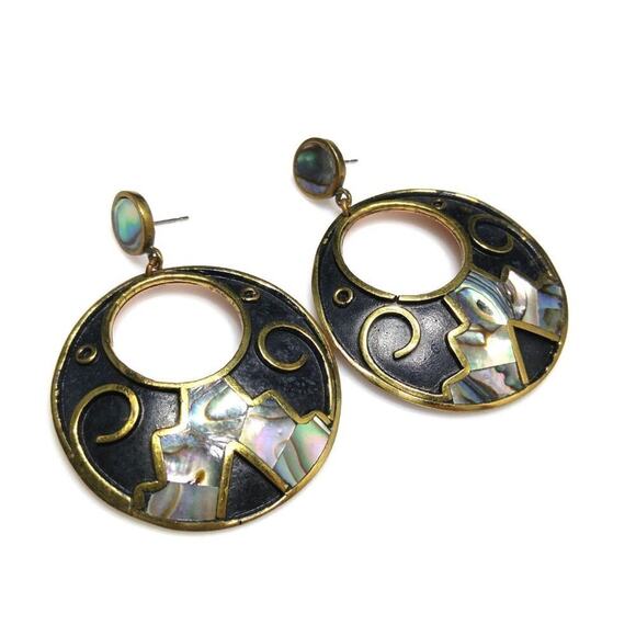 Vintage Mexico Abalone Shell Inlayed Black Enamel Post Earrings, 2 1/4 Inches - Picture 4 of 8